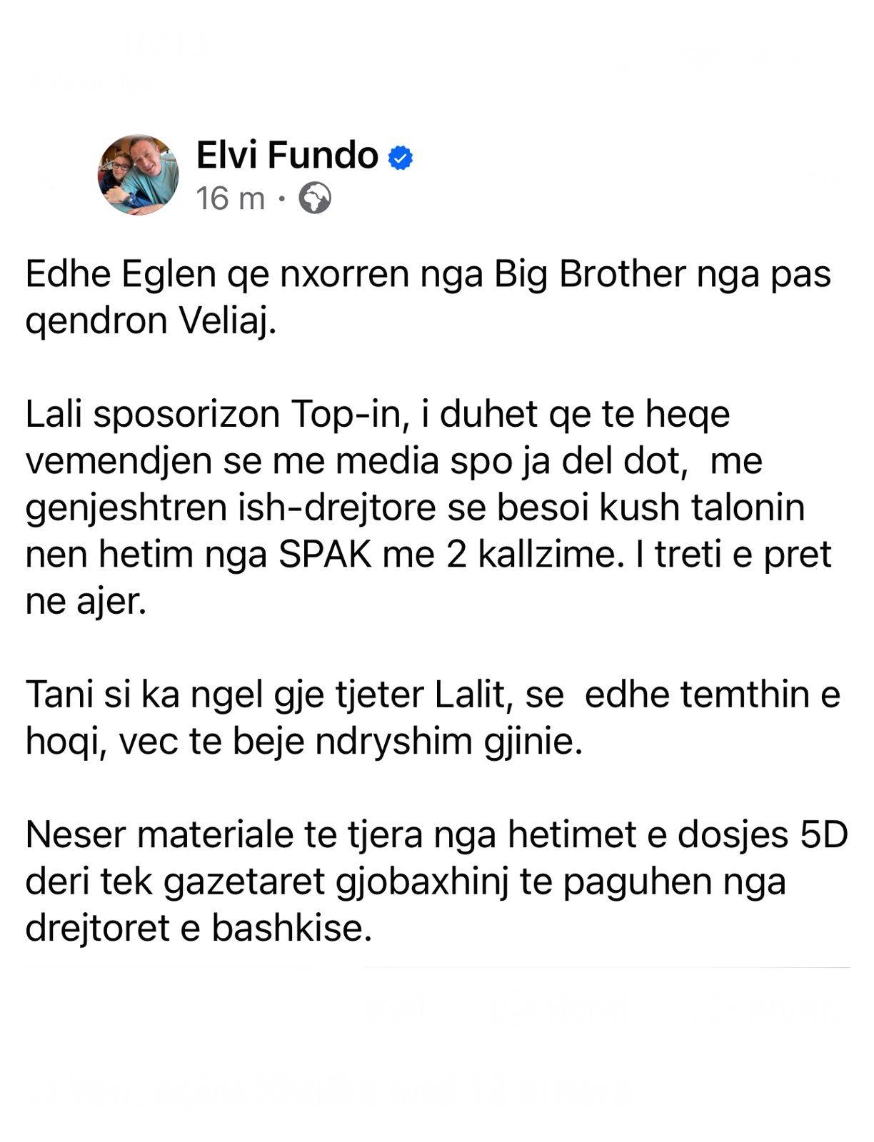 Gazetari Elvi Fundo: Qëndron Erion Veliaj pas daljes së Eglës nga Big Brother VIP Albania 1 550CFF4D 4E50 4209 BE35 C901D621E478
