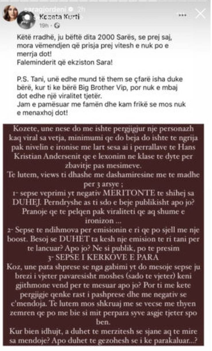 Vazhdon sërish debati Sara-Kozeta! Kundërpërgjigja e Sarës vjen menjëherë 2 B5DCFC5C BD57 457B BAF1 FFB02DCD5082