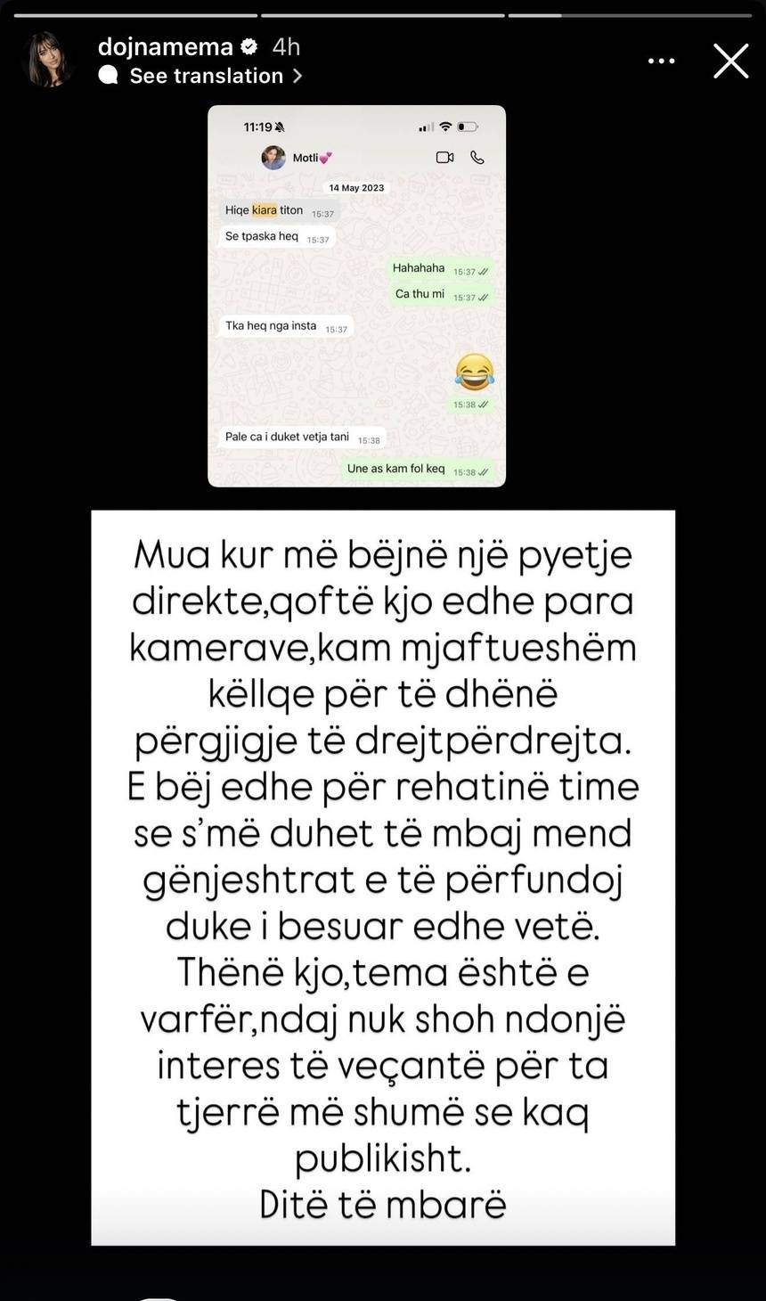 Vazhdon saga Dojna-Kiara: “Kam mjaftueshëm këllqe për përgjigje të drejtëpëtdrejta”, Dojna nxjerr mesazhet! 1 IMG 4967